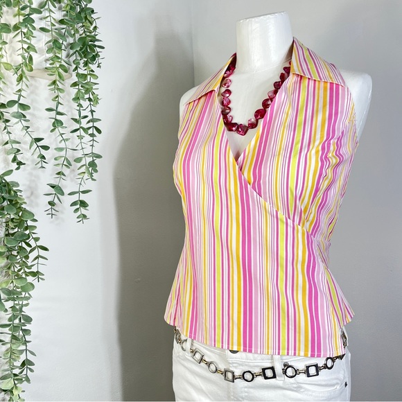 Lilly Pulitzer Tops - Lilly Pulitzer Pink Yellow Stripe Sleeveless Wrap Top V-Neck Wing Collar Small